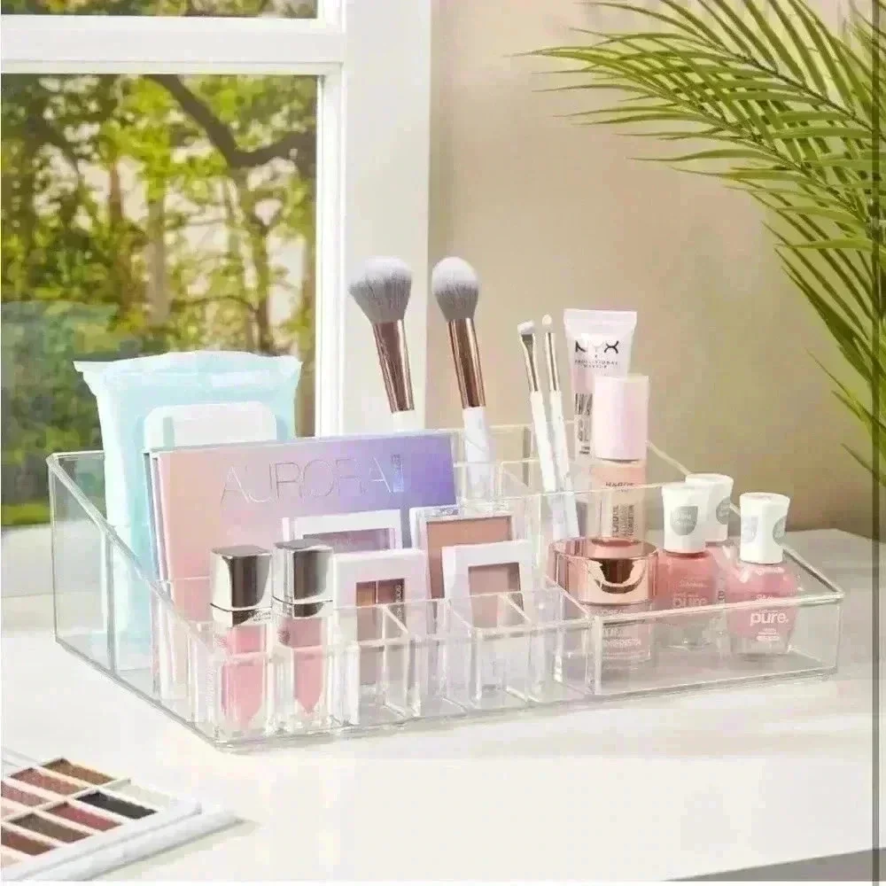 Audrey Clear Vanity Makeup Organizer | 15-Compartment Holder for Beauty Supplies